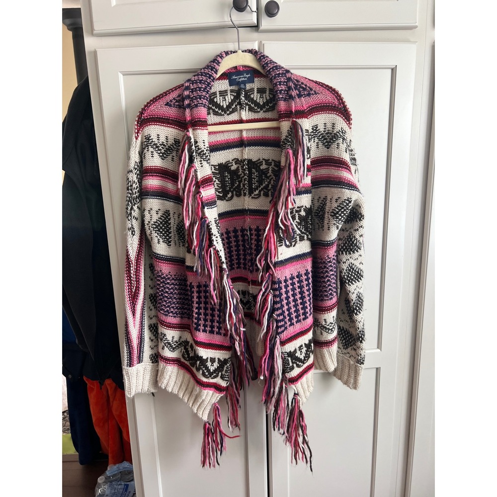 American Eagle Pink Southwestern Fringe Open Front Cardigan Sweater Size M/M